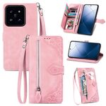 Custodia per telefono in pelle con cerniera fiore goffrato per Xiaomi 14 Pro (rosa)