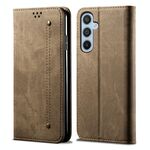 Per Samsung Galaxy S24 FE 5G Custodia in pelle con chiusura orizzontale stile casual con texture denim (cachi)