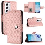 Per OPPO Reno12 5G Global Rhombic Texture Flip Custodia in Pelle per Telefono con Lanyard (Rosa Corallo)