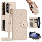 Per Samsung Galaxy Z Fold6 Rhombic Zipper Card Wallet Custodia in pelle per telefono con cordino (albicocca)