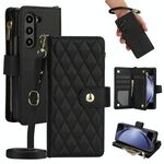 Per Samsung Galaxy Z Fold6 Custodia per telefono in pelle con cerniera rombica e cordino (nero)
