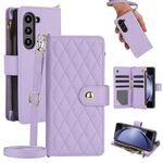 Per Samsung Galaxy Z Fold6 Rhombic Zipper Card Wallet Custodia in pelle per telefono con cordino (viola chiaro)