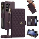Per Samsung Galaxy Z Fold6 Custodia per telefono in pelle con cerniera rombica con cordino (viola scuro)