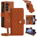 Per Samsung Galaxy Z Fold6 Rhombic Zipper Card Wallet Custodia in pelle per telefono con cordino (marrone)