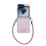 Per Samsung Galaxy Z Flip6 Custodia per telefono comoda e corta in peluche con copertura completa e cinturino da polso (rosa)