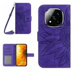 Per Redmi Note 14 Pro+ 5G Custodia in pelle con stampa a fiore di sole e cordino (viola scuro)