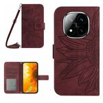 Per Redmi Note 14 Pro+ 5G Custodia in pelle con motivo a fiore di sole in rilievo e cordino (rosso vino)