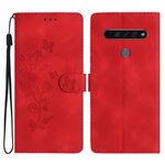 Per LG K61 Custodia per telefono in pelle con motivo a farfalla in rilievo fiore (rosso)