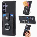 Per Samsung Galaxy S25 5G Custodia per telefono con portafoglio e anello in pelle retrò (nero)