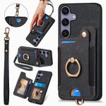 Per Samsung Galaxy S25+ 5G Custodia per telefono con portafoglio multi-carta con anello retrò (nero)