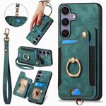 Per Samsung Galaxy S25+ 5G Custodia per telefono con portafoglio multi-carta con anello retrò in pelle (verde)