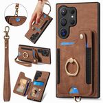 Per Samsung Galaxy S25 Ultra 5G Retro Skin-feel Ring Multi-card Wallet Phone Case (Marrone)