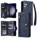 Per Samsung Galaxy S25 5G Rivet Buckle 9 Carte Custodia in Pelle a Tre Ante per Telefono (Blu)