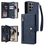 Per Samsung Galaxy S25 Ultra 5G Rivet Buckle 9 Carte Custodia in Pelle a Tre Ante per Telefono (Blu)