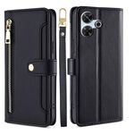 Per Redmi 13 4G Custodia per telefono in pelle con cerniera a tracolla e texture di pecora (nero)