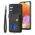 Per Samsung Galaxy S25 5G Retro Card Wallet Fold Custodia in pelle per telefono con cinturino (nero)