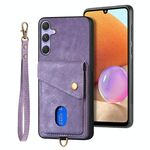 Per Samsung Galaxy S25+ 5G Retro Card Wallet Fold Custodia in pelle per telefono con cinturino (viola)