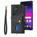 Per Samsung Galaxy S25 Ultra 5G Retro Card Wallet Fold Custodia in pelle per telefono con cinturino (nero)