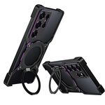 Per Samsung Galaxy S25 Ultra 5G Custodia per telefono in metallo con supporto MagSafe senza bordi e braccio meccanico (nero viola)