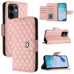 Per OPPO Reno13 F 5G Global Rhombic Texture Flip Custodia in Pelle per Telefono con Lanyard (Rosa Corallo)
