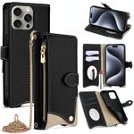 Per iPhone 16 Pro Max Custodia a tracolla in pelle Litchi con catena a coda di pesce (nera)