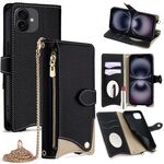 Per iPhone 16 Plus Custodia a tracolla in pelle Litchi con motivo a coda di pesce (nero)