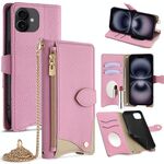 Per iPhone 16 Plus Custodia per telefono in pelle Litchi a coda di pesce con tracolla a catena (rosa)