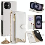 Per iPhone 16 Plus Custodia per telefono in pelle Litchi a coda di pesce con catena a tracolla (bianca)