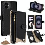 Per iPhone 16 Custodia per telefono in pelle Litchi a coda di pesce con catena a tracolla (nera)