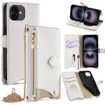 Per iPhone 16 Custodia per telefono in pelle Litchi a coda di pesce con catena a tracolla (bianca)