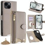 Per iPhone 15 Plus Crossbody Chain Fishtail Litchi Custodia per telefono in pelle (grigio)