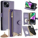 Per iPhone 13 Custodia a tracolla in pelle Litchi con catena a coda di pesce (viola)