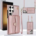 Per Samsung Galaxy S24 Ultra 5G Custodia per telefono con slot per schede RFID e cordino lungo (oro rosa)