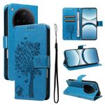 Per OPPO Find X8 Custodia per telefono in pelle con motivo a rilievo albero e gatto (blu)