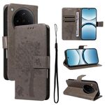 Per OPPO Find X8 Custodia per telefono in pelle con motivo a rilievo albero e gatto (grigio)