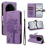 Per OPPO Find X8 Pro Custodia per telefono in pelle con motivo a rilievo albero e gatto (viola chiaro)