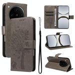 Per OPPO Find X8 Pro Custodia per telefono in pelle con motivo a rilievo albero e gatto (grigio)