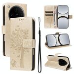 Per OPPO Find X8 Pro Custodia per telefono in pelle con motivo in rilievo albero e gatto (oro)