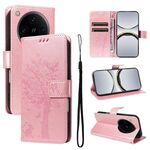 Per OPPO Find X8 Pro Custodia per telefono in pelle con motivo a rilievo albero e gatto (oro rosa)
