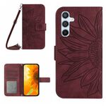 Per Samsung Galaxy A25 5G Skin Feel Custodia in pelle con motivo a fiori di sole con cordino (rosso vino)