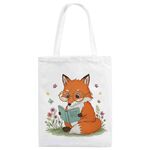 Borsa a mano in tela stampata Reading Fox su richiesta, dimensioni: 25x20 cm (bianco)