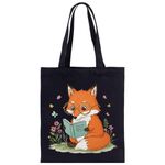 Borsa a mano in tela stampata Reading Fox su richiesta, dimensioni: 30x25 cm (nero)