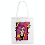 Borsa a mano in tela stampata con ragazza dai capelli viola, stampa su richiesta, dimensioni: 40x35 cm (bianco)