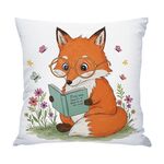 Federa per cuscino da divano stampata con motivo Reading Fox, senza stampa centrale, su richiesta, dimensioni: 45x45 cm (raso lucido)