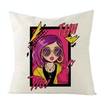 Cuscino per divano stampato con ragazza dai capelli viola con stampa centrale su richiesta, dimensioni: 60x60 cm (lino bianco)