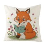 Cuscino per divano stampato con stampa Reading Fox con nucleo stampato su richiesta, dimensioni: 35x35 cm (lino bianco)