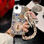 Per iPhone 16e Custodia per telefono PC con bracciale sciarpa e pietre preziose viola con diamanti fatti a mano (rosa)