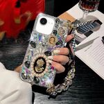Per iPhone 16e Custodia per telefono PC con bracciale con sciarpa e pietre preziose viola con diamanti fatti a mano (nero)