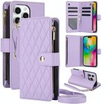 Per iPhone 16 Pro Max YM016 Custodia per telefono in pelle con cerniera rombica e cordino (viola chiaro)