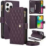 Per iPhone 16 Pro YM016 Custodia per telefono in pelle con cerniera rombica e cordino (viola scuro)